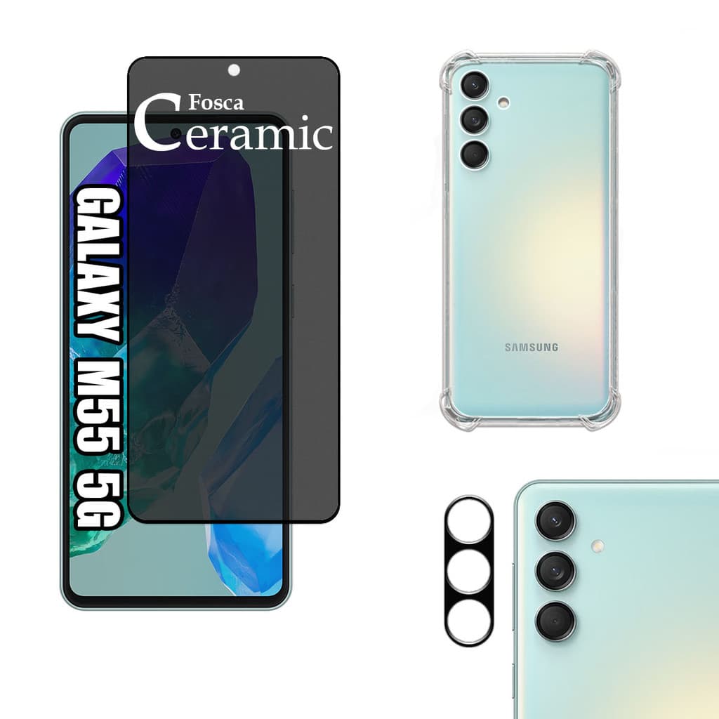 KIT Para Galaxy M55 5g | Película Privacidade Fosca 9D - Capa Anti Shock - Película da Câmera 3D