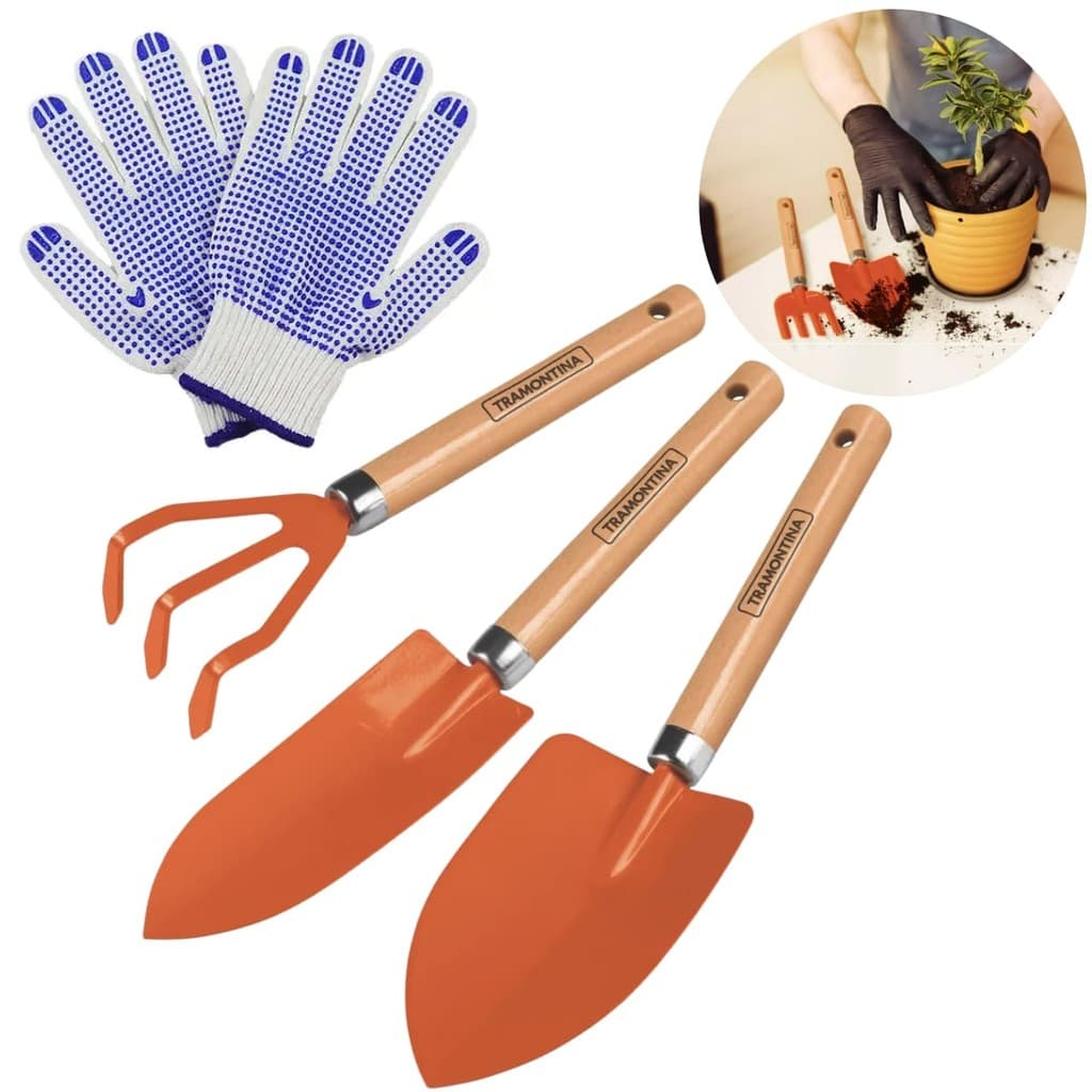 Kit Conjunto Jardinagem 3 Peças Cabo Madeira + Luva Pigmentada | Tramontina
