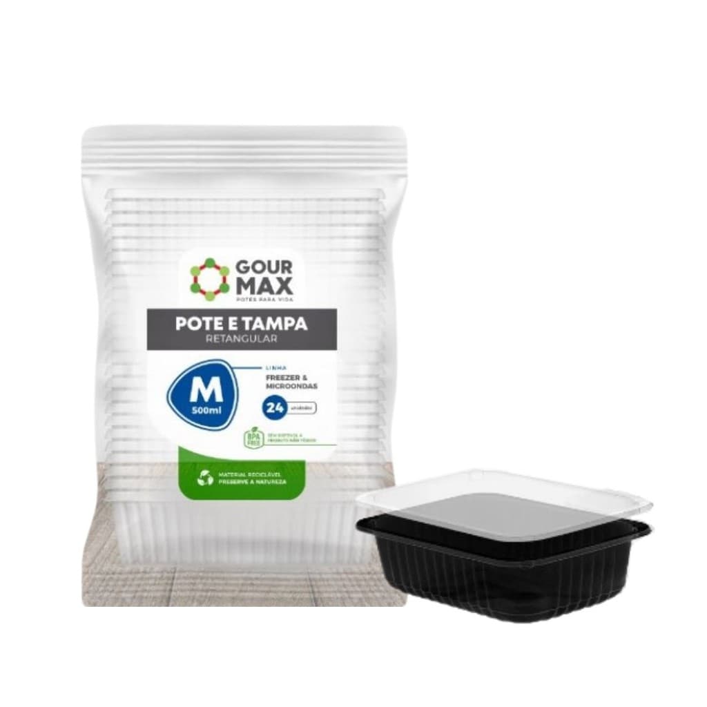 Pote Preto C/ 24un 500ml Marmita Fitness Descartável Freezer Microondas Retangular C/ Tampa