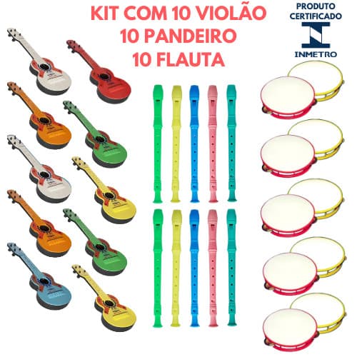 Kit 10 Viola Infantil 10 Pandeiro 10 Flauta Brinquedo Instrumentos Musicais Violão Flautinha