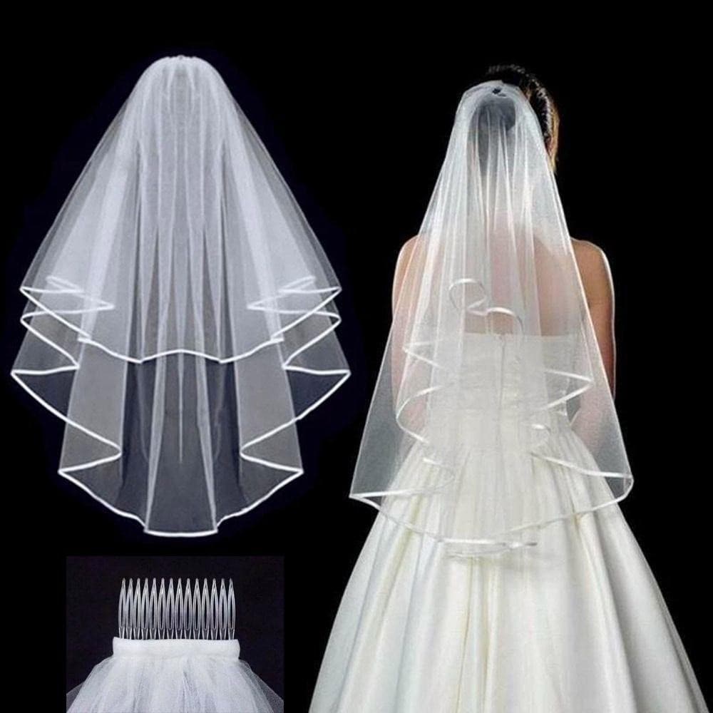 PEONYQ Véu De Noiva Foto Elegante Duas Camadas Curto Simples Acessórios De Casamento Com Pente