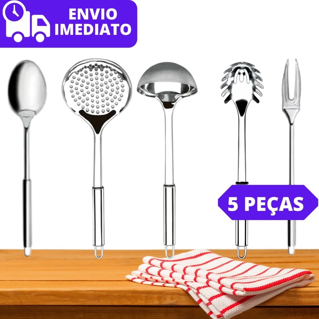 Jogo Kit Utensílios de Cozinha 5 Peças 100% Aço Inox Colher Escumadeira Concha Pegador e Garfo