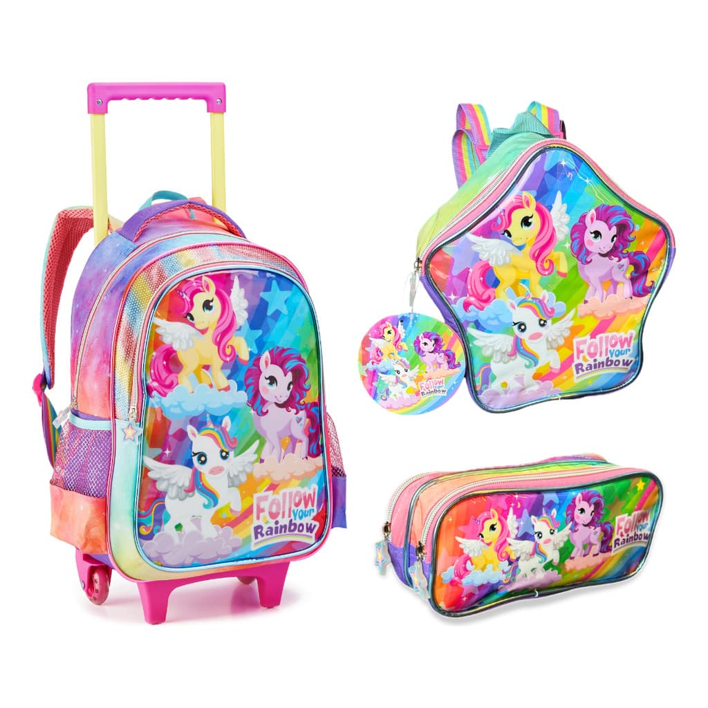 Kit Mochila Escolar Feminina Unicornio Follow 16" Com Rodinhas Lancheira e Estojo