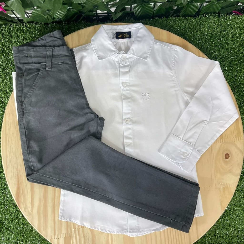 Calça Jeans Grafite Chumbo Camisa Manga Longa Branca Batizado Pajem Casamento Formatura Menino Infantil