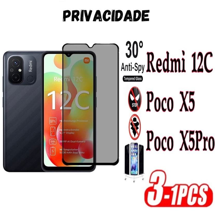 Película Privacidade 3D Anti Spy Xiaomi Redmi 12C Poco X5 X5Pro