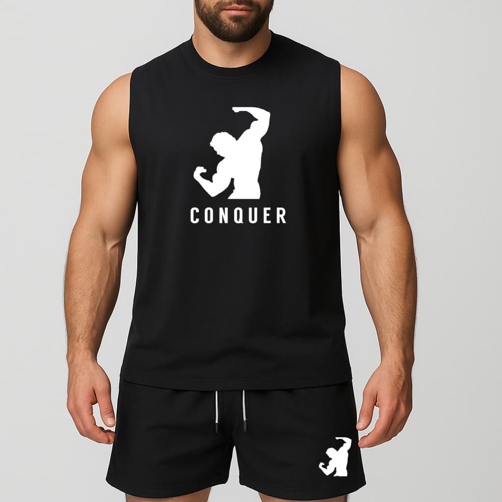 conjunto regata oversized e short de tactel de academia másculino estampada homem conquer