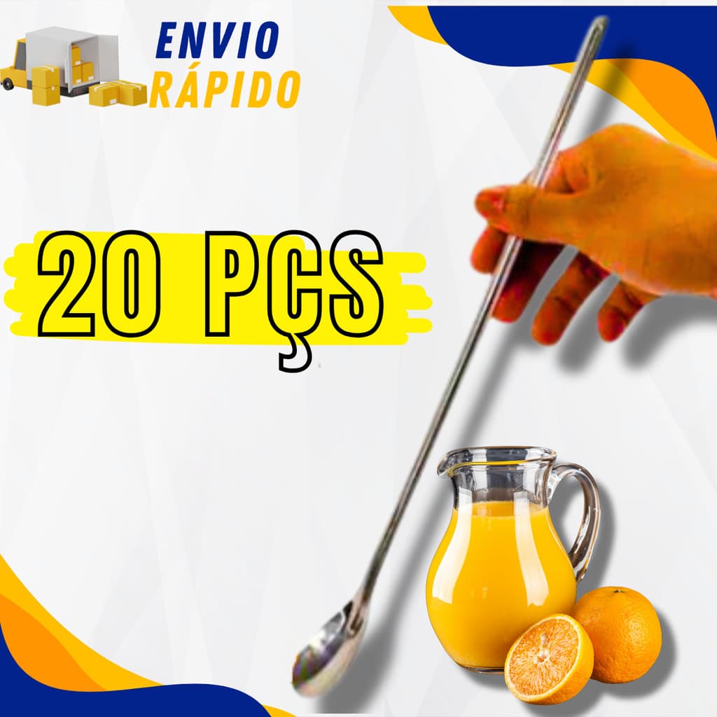 Kit Jogo com 20 Colheres Bailarina em Aço Inox Para Suco Laranja Morango Drinks Bebida Barmen
