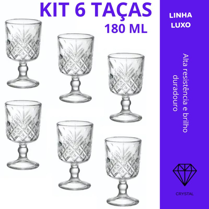 Jogo 6 Taça ROSE SET LUXO  Copo Vidro Transparente