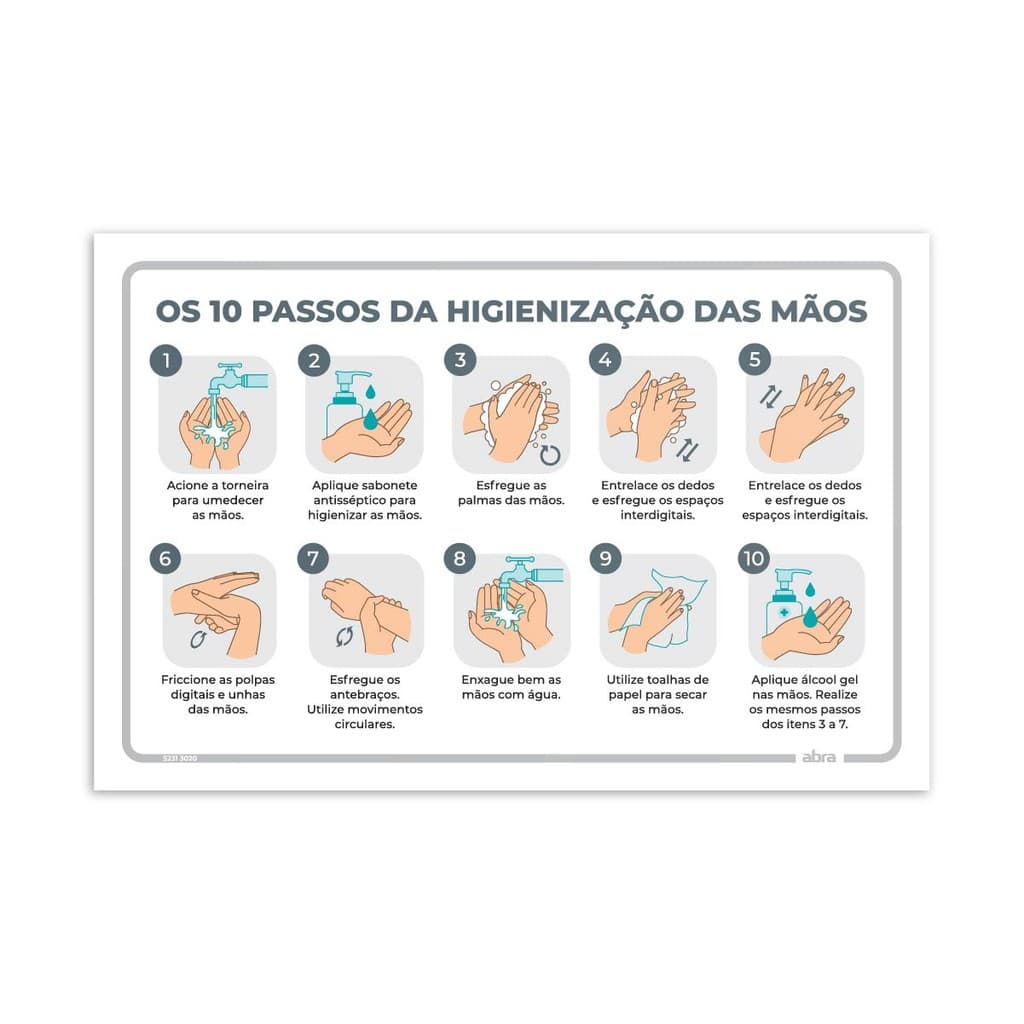 Placa Educativa Os 10 Passos da Higienização das Mãos para Banheiro Higiene Cuidados Saúde Lavar as Mãos 30x20 Cm Branca
