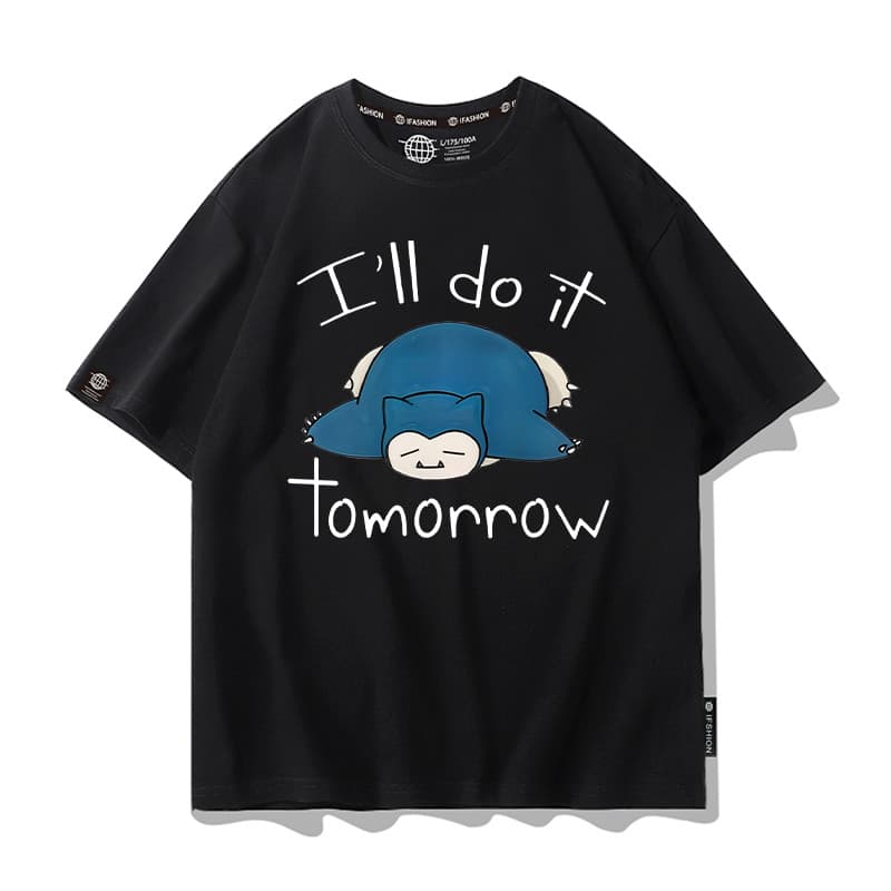 BEAST FASHION 2025 Novo Camiseta de Manga Curta Casual Masculina com Estampa Snorlax e "I'll do it tomorrow"