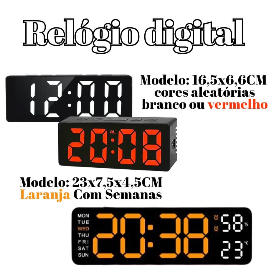 Relogio Digital 23x7,5x4,5Cm Ou 16,5x6,6CM Alarme Luminoso Recarregável USB De Mesa Led Semanal