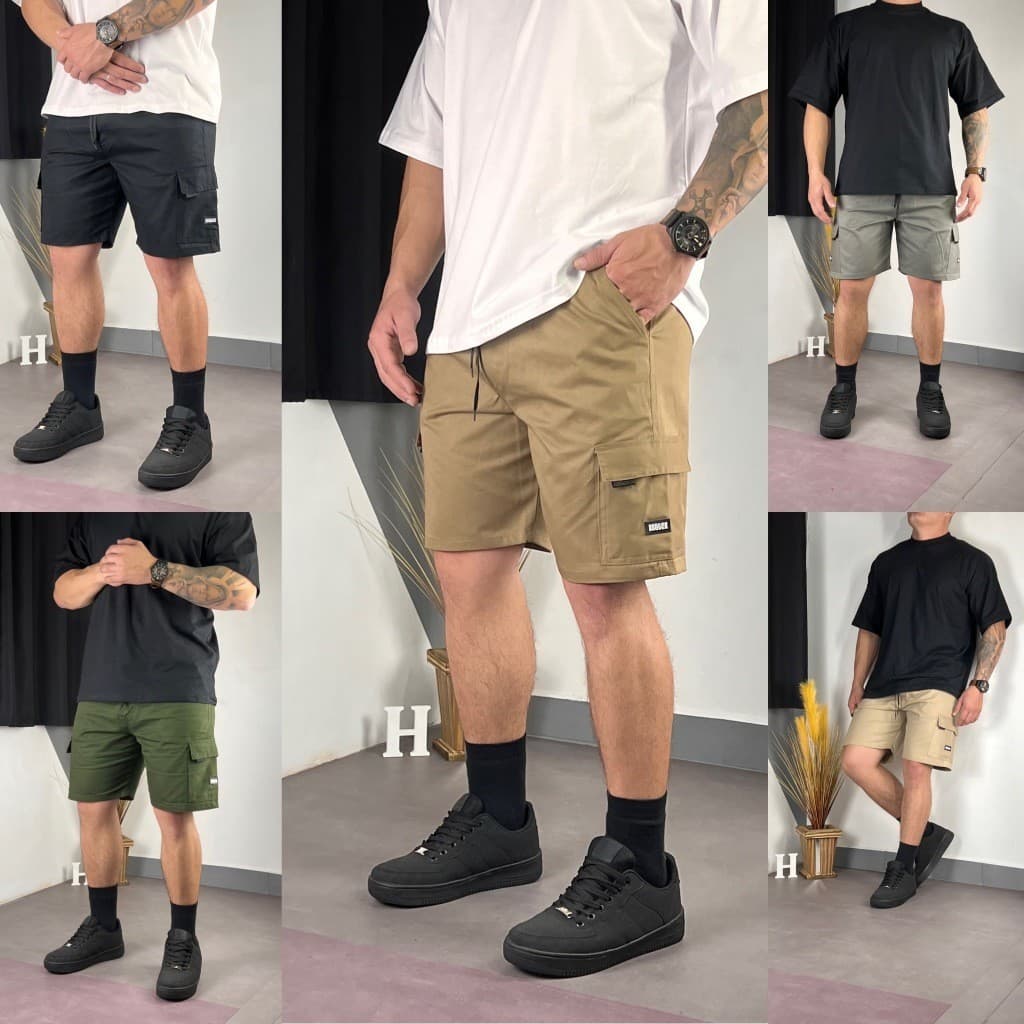Bermuda Cargo Curta Streetwear Casual Short Sarja Slim Bolsos Laterais