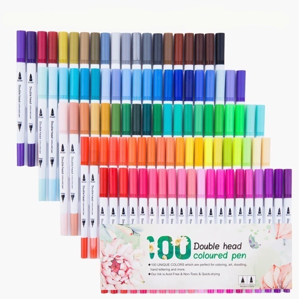 Kit 100 Canetas Brush Pen Dual Pen 2 Em 1 Lettering Ponta Fina Desenho Colorir Caligrafia Bullet Journal Profissional