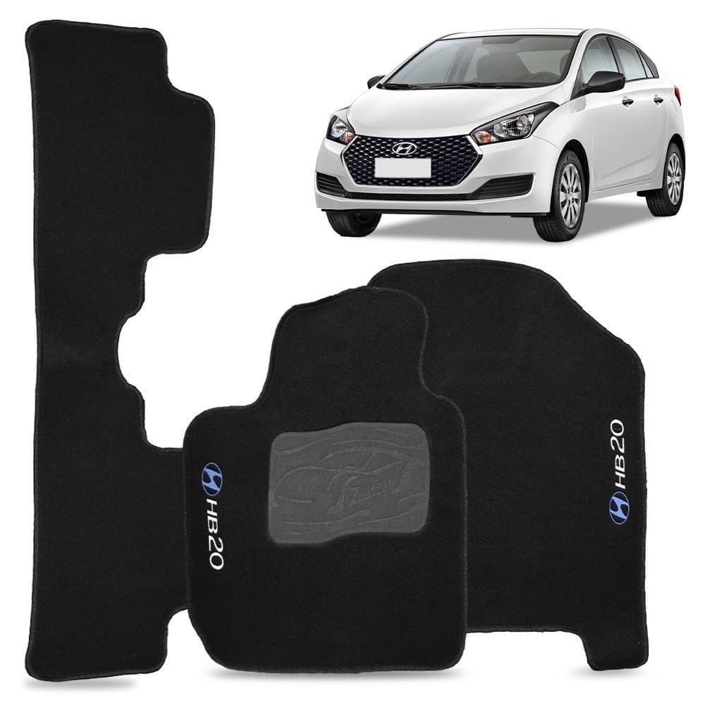 Tapete Automotivo HB20 Hatch: Conjunto de 3 Peças em Preto, com logo bordado.