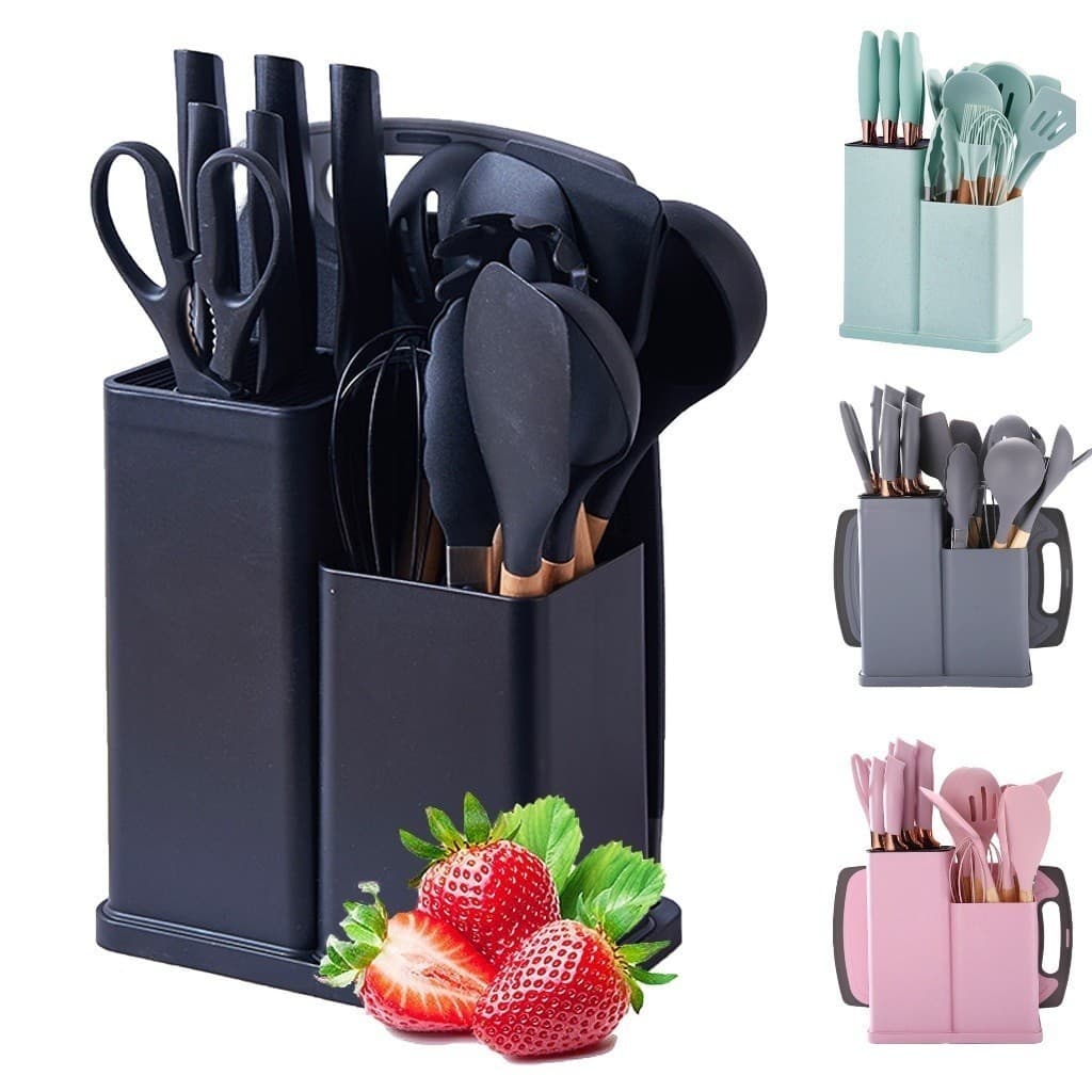 Kit Completo Jogo de Cozinha Luxo 19 Peças Com Tábua em Silicone Espátula Faca Tesoura Utensílios-sunshine