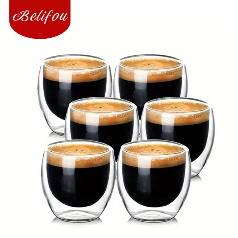 Belifou Jogo 6 Copos Vidro Duplo 80ml Para Café Expresso Isolamento Térmico