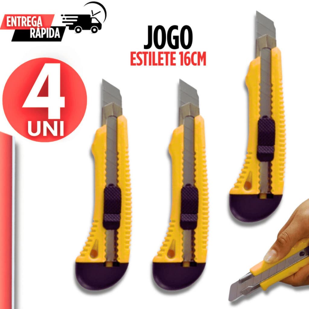 4 Estilete Grande Profissional Lâmina 16CM  Trava Segurança Artesanato Escritório Profissional
