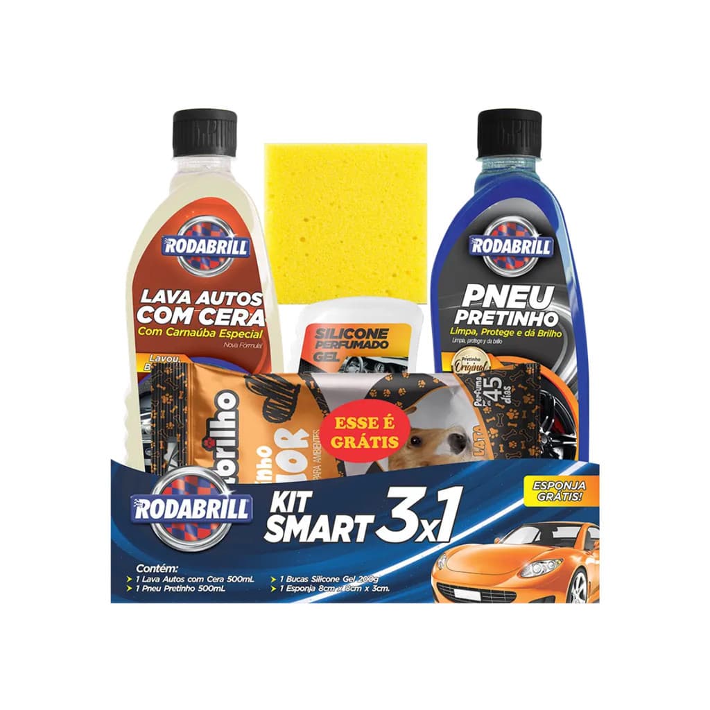 Kit Smart 3x1 Lava Auto + Pretinho + Silicone + Esponja Rodabrill