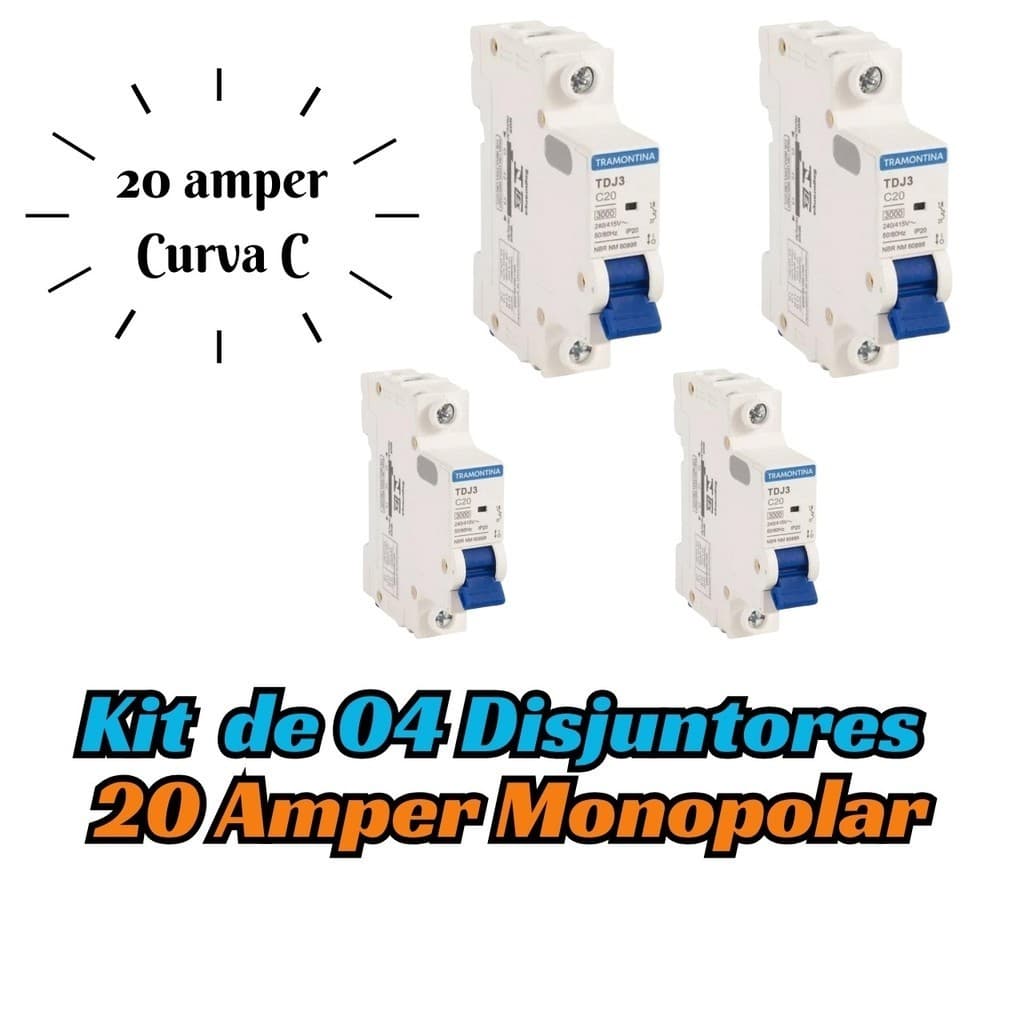 Kit 04 Disjuntores Unipolar 20A Curva C Din Tramontina Tdj3 3ka