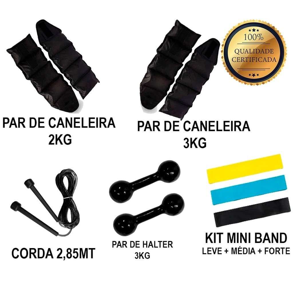 Ginástica Academia Residencial Halteres Caneleiras Colchão ( KIT MINI BAND + PAR DE HALTER 3KG + PAR DE CANELEIRA 2KG + PAR DE CANELEIRA 3KG + CORDA 1.6)