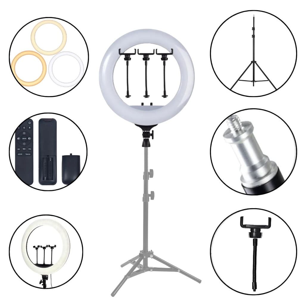 Ring Light LED Bicolor 54cm de 3 celulares com Tripé de luz pra  Estúdio 1,60m