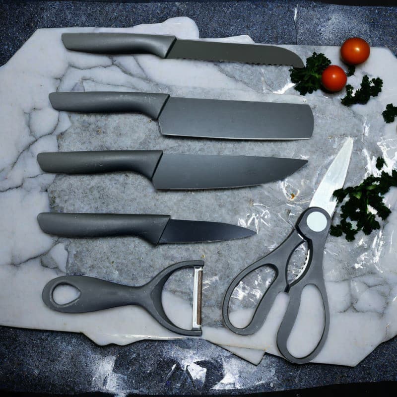 Kit Facas Coloridas Inox 6 Peças Chef Cutelo Faca de Pão Faca de Frutas Descascador Tesoura Cozinha Profissional