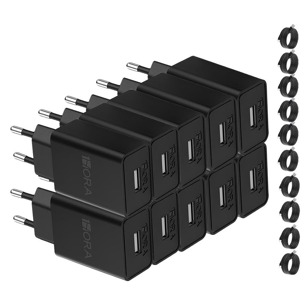 KIT 10X Carregador Usb 1Hora + Cabo Micro Usb/Usb A Preto