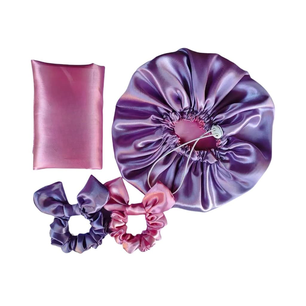 Kit Touca Cetim Antifrizz Dupla Face,1 Fronha e 2 Scrunchies