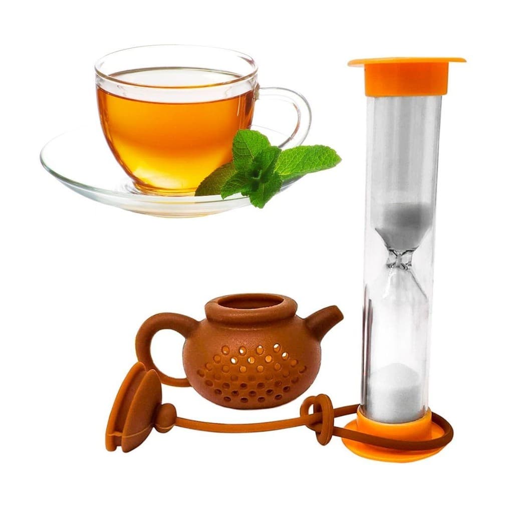 Infusor De Chá Com Coador e Timer Formato de Bule Silicone Cor Marrom Peneira Filtro Saquinho Prana