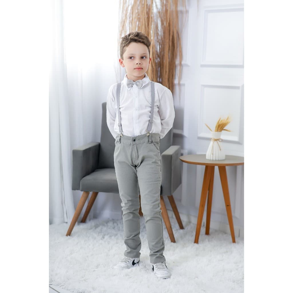 Conjunto Roupa Social Calça Cinza Camisa Branca Suspensório Gravata Batizado Formatura Casamento