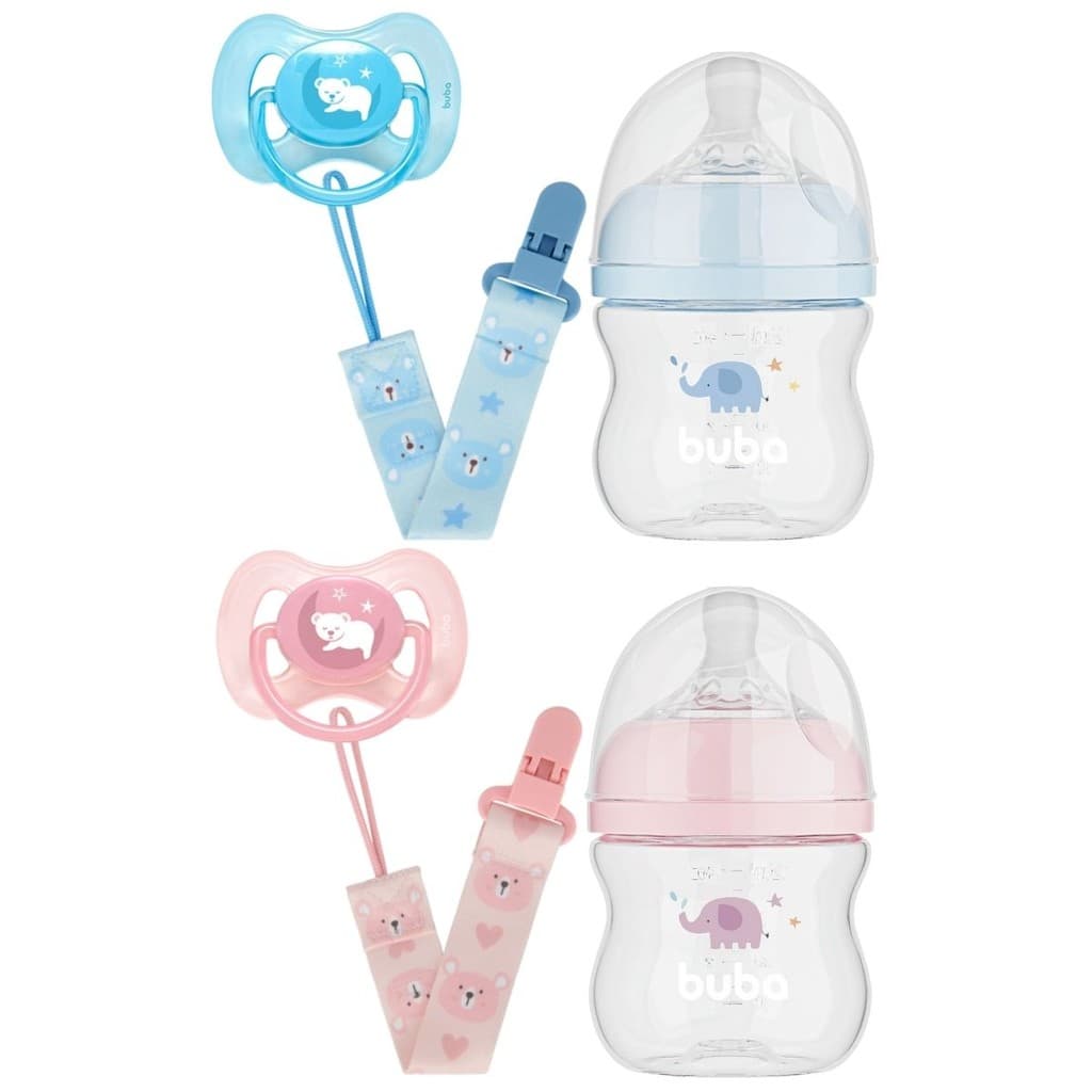 Kit Mamadeira Buba Easy Flow Anticólica 120ml, Prendedor e Chupeta Buba Comfort Ursinho 0-6 meses
