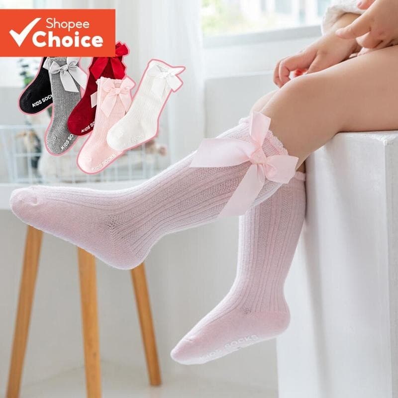 Meias De Outono E Inverno Para Bebês Meninas Com Laços Fofos – Infantis Antiderrapantes De Algodão De Cor Sólida Na Altu