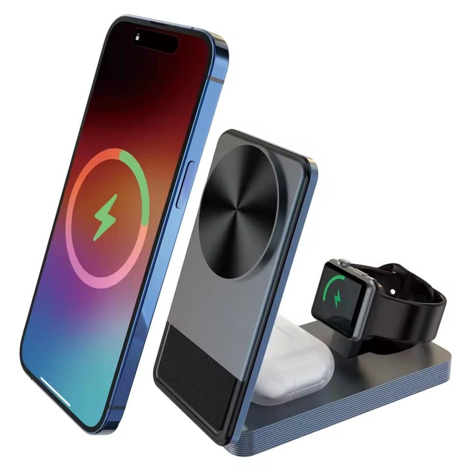 Carregador de Celular 3 em 1 Wireless Suporte a Fone e SmartWatch 15W