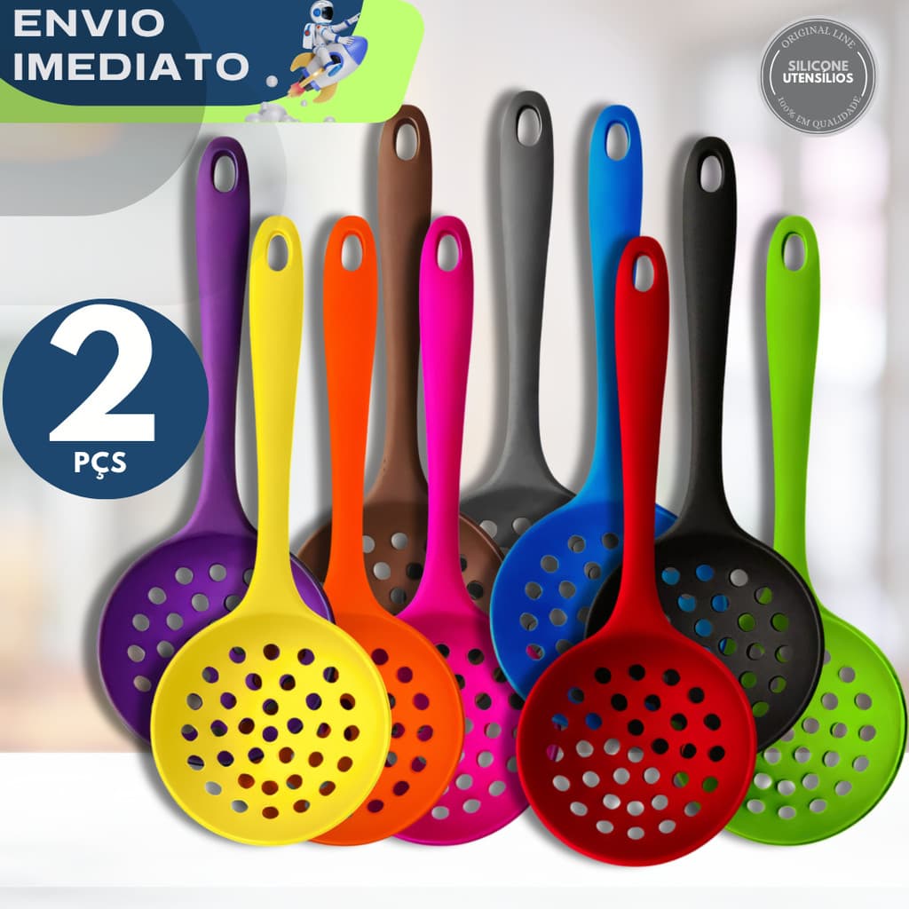 JOGO 2 Escumadeira Silicone Utensílios Anti Aderente Não Risca Cozinha Frituras Arroz Restaurante Festas Lanchonete Casa