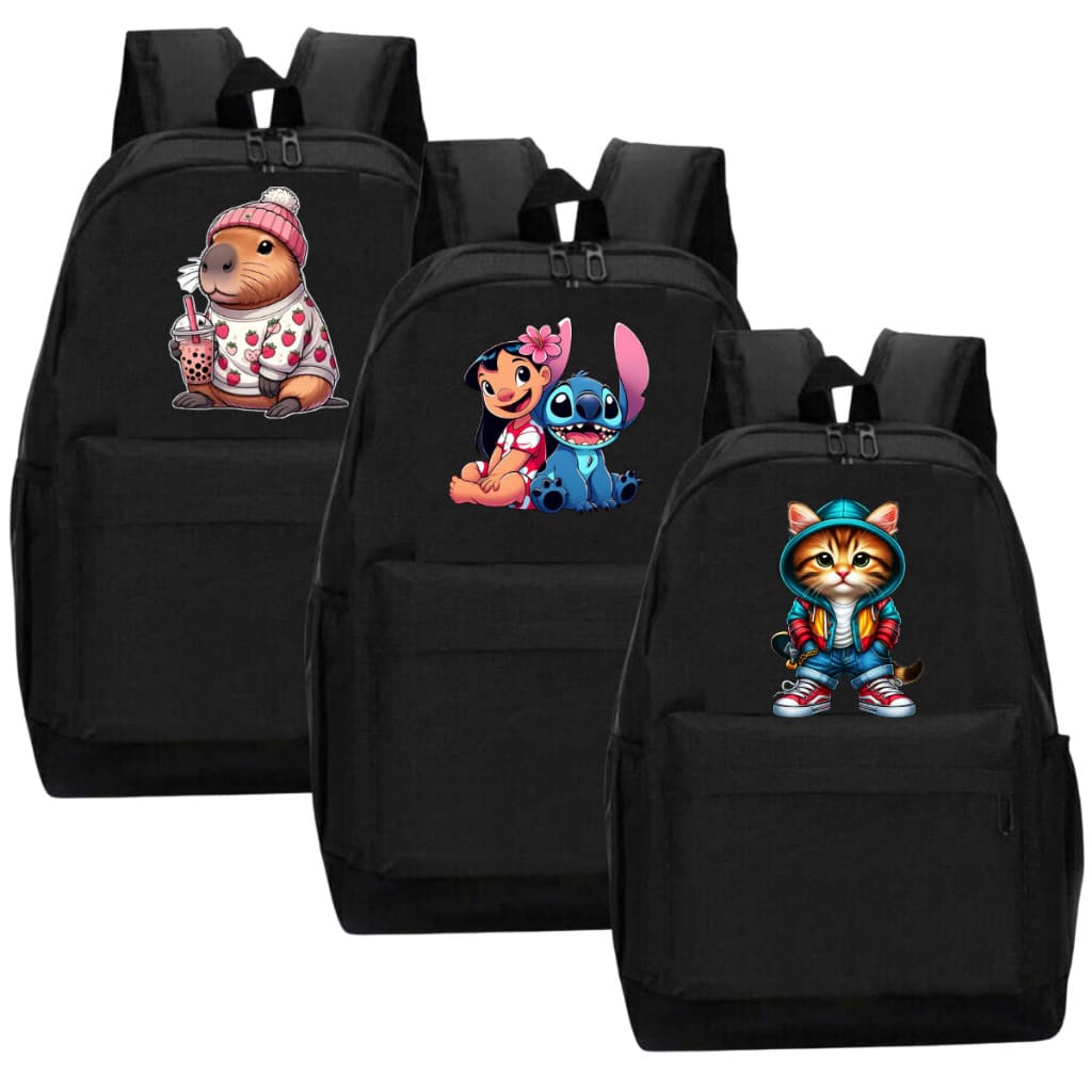 kit 3 mochila escola passeio pra viagem personagem preço atacado capivara
