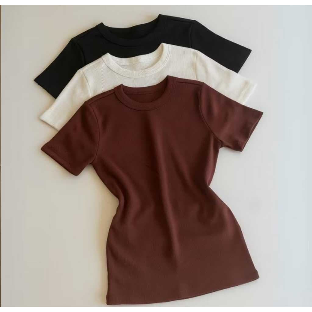 Kit 3 Blusas Feminina Plus Size Manga Curta Ribana Gola Redonda Básica Manguinha Casual e Elegante G1 ao G3 P005