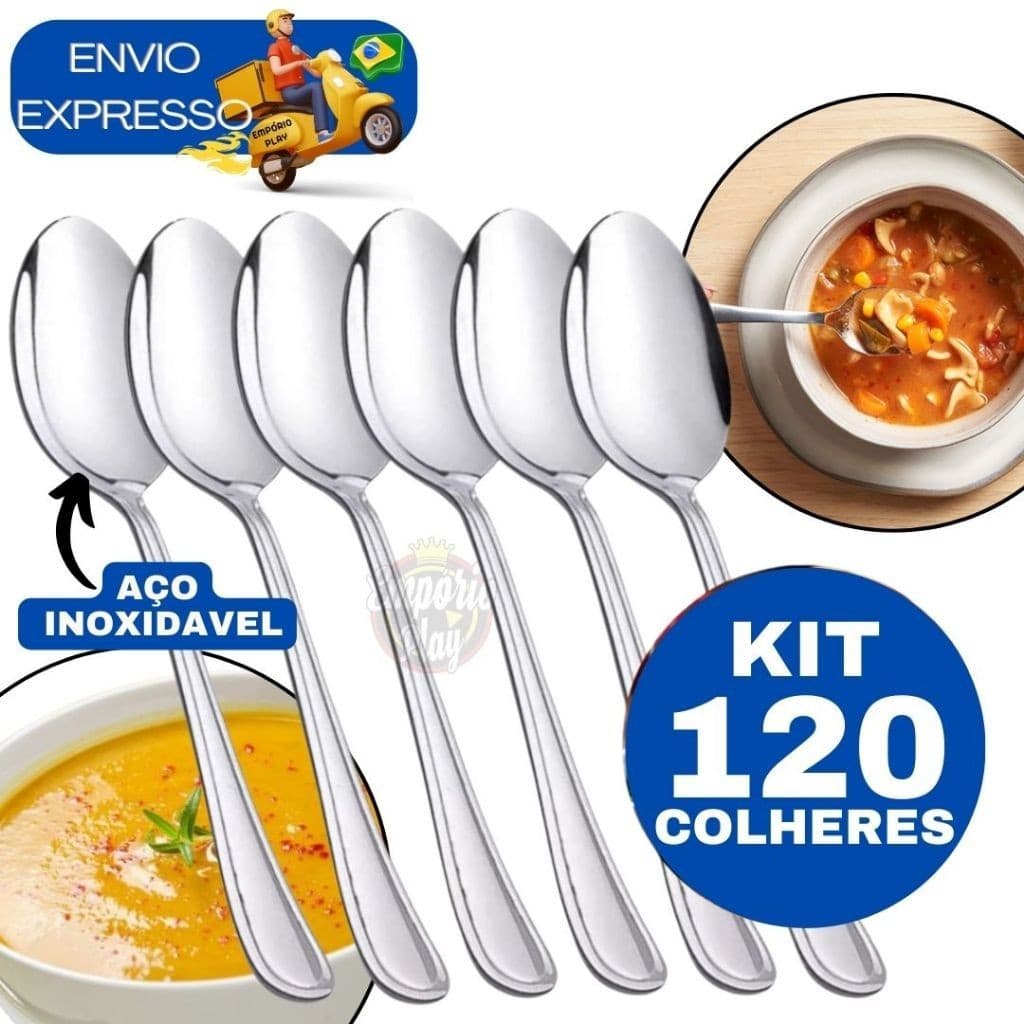 Kit 120 Colher de Sopa Talher de Mesa Cozinha em Inox para Casa Restaurante Lanchonete Padaria Churrascaria