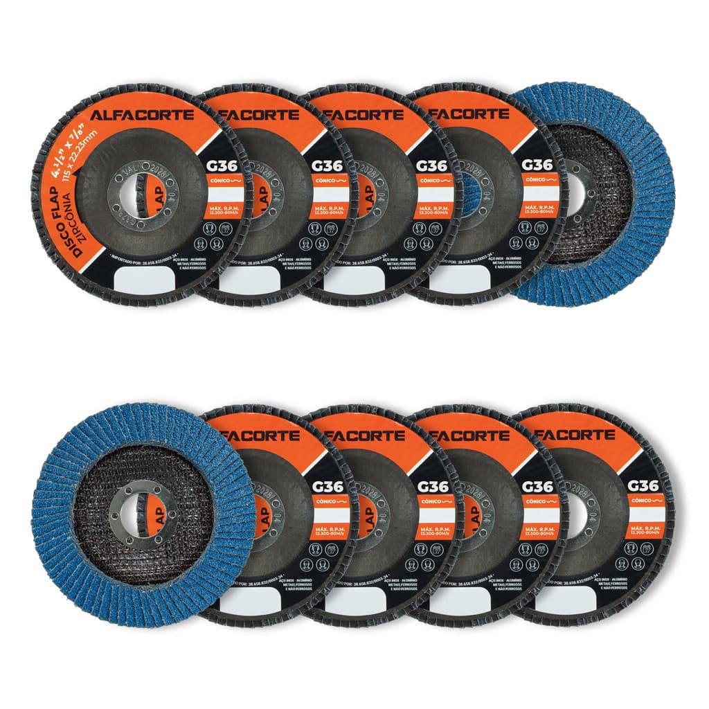 Kit 10 Disco De Lixa Flap Zircônia Azul 4.1/2 Grão 36 Para Desbaste e Lixamento