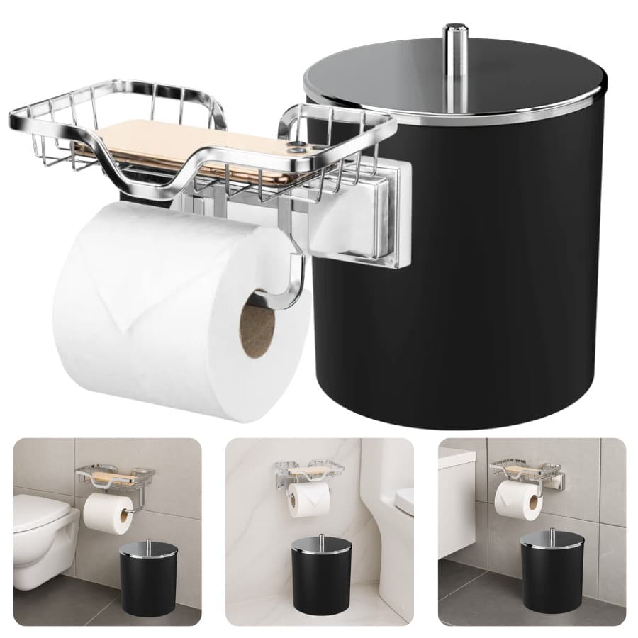 Kit Papeleira Adesiva Porta Celular Lixeira 5 Litros Preto Cromado Inox Banheiro Lavabo Acessórios