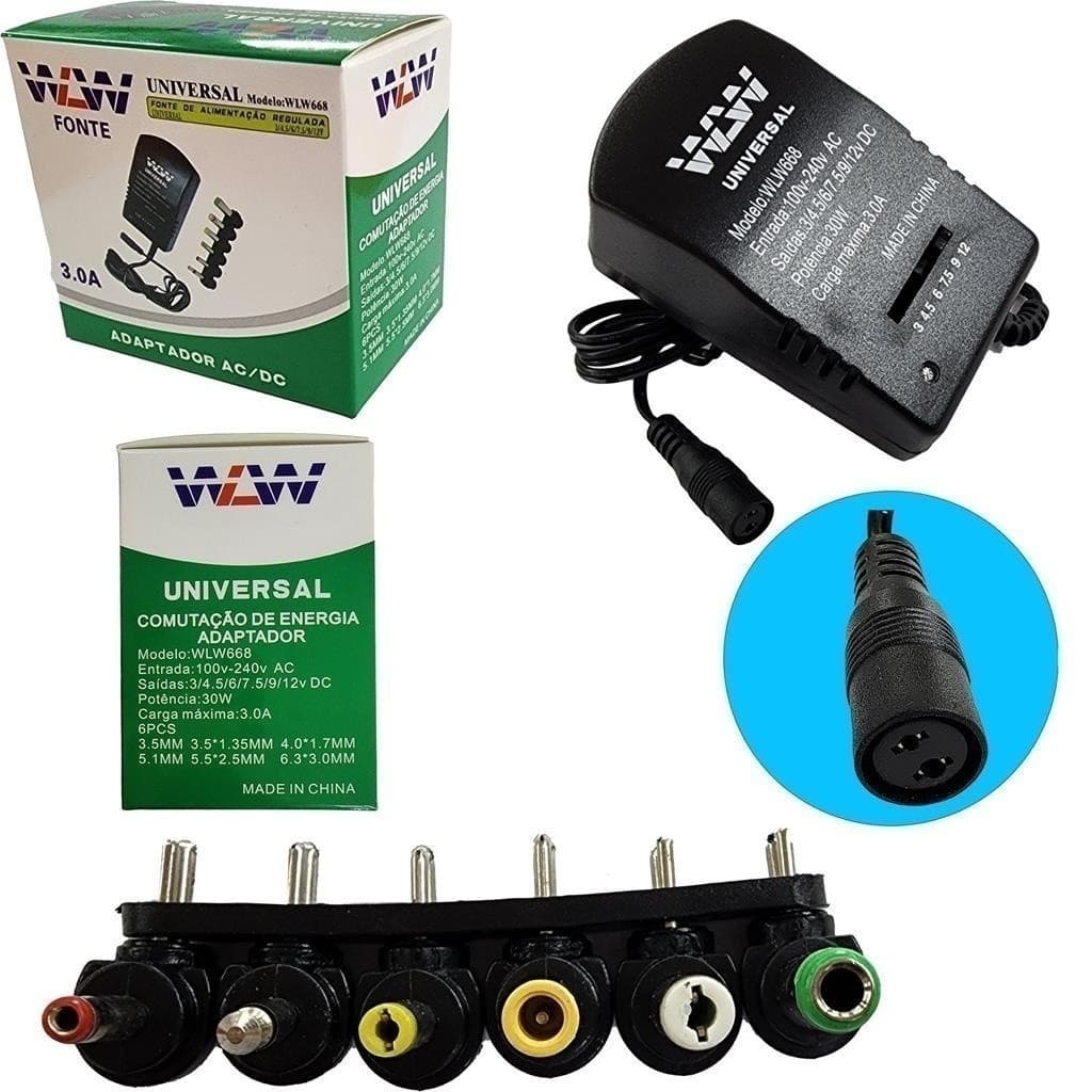 Fonte de Alimentacao Universal 3.0A Regulavel 6 Plugs 30W Tg