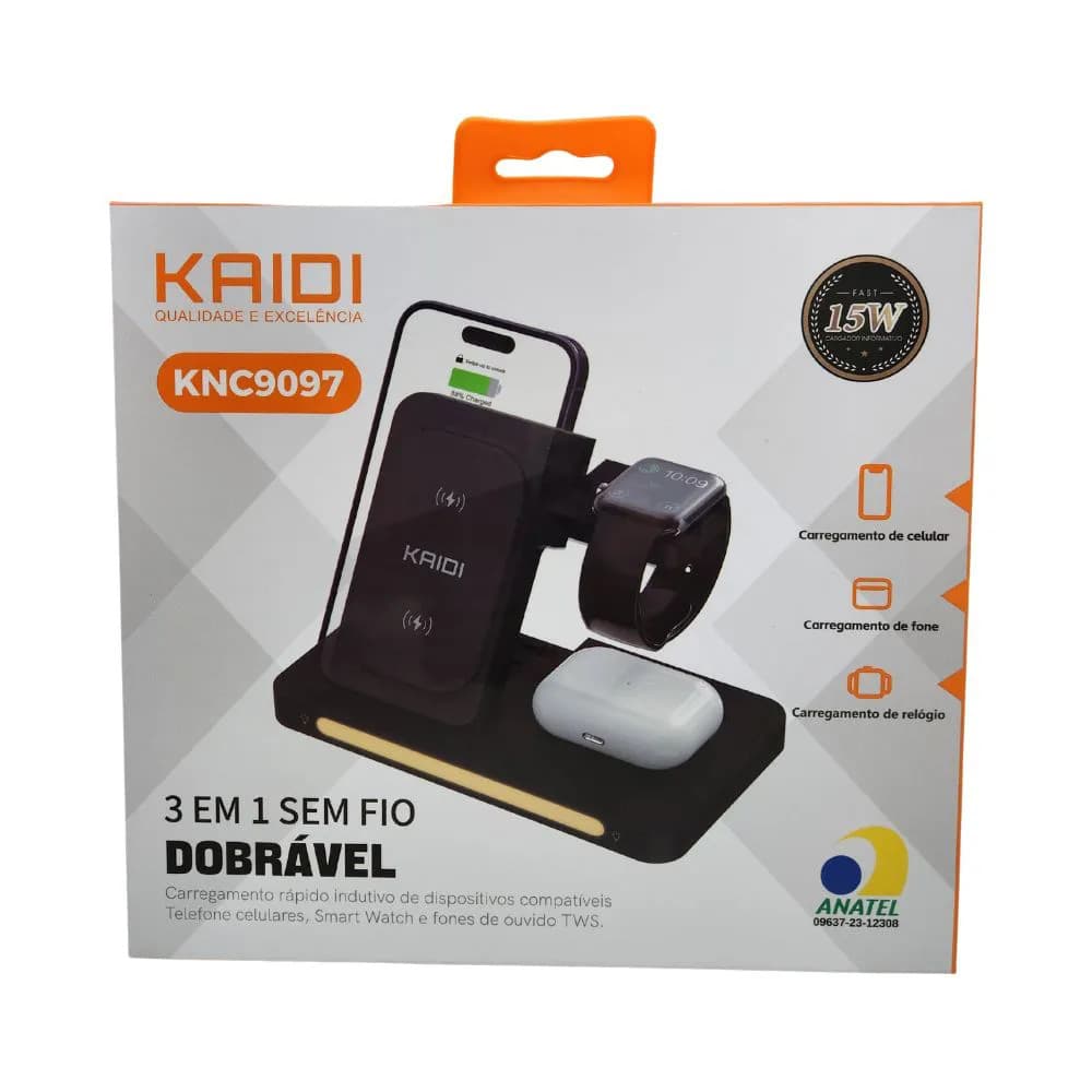 Carregador Sem Fio 3 em 1 Kaidi Carrega por Indução Smartphone Relógio Fone de Ouvido KNC9097