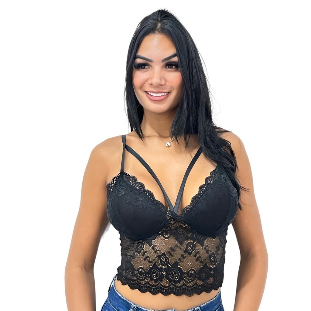 Top Feminino Cropped De Renda Com bojo e Tira