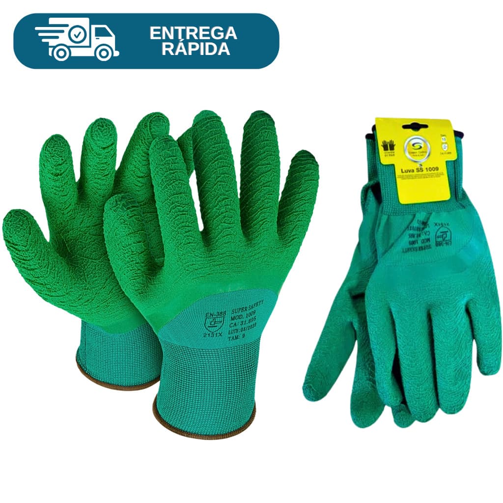 Luva Revestida Látex Corrugado Verde SS 1009 Banhada Coleta Jardinagem Reciclagem Pedreiro Epi