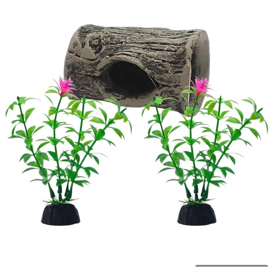 Kit Decoração Para Betta  Mini Tronco + 2 Plantinhas 10cm