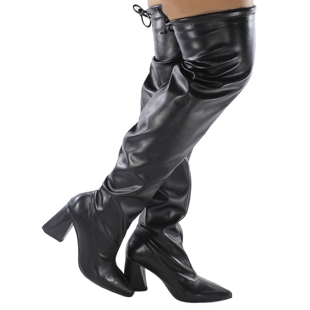 Bota Feminina Over the Knee Salto Bloco 7,5cm Cano Alto Coxa Bico Fino Moda Antiderrapante Macia