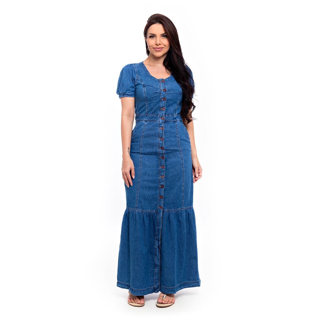 Vestido Jeans Longo Feminino com Botões