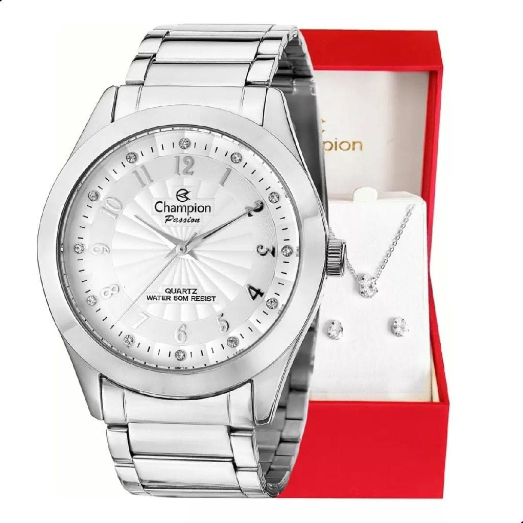 Relógio de Pulso Feminino Champion Analógico Prata  CN29409Q Original Conjunto Colar E Brinco