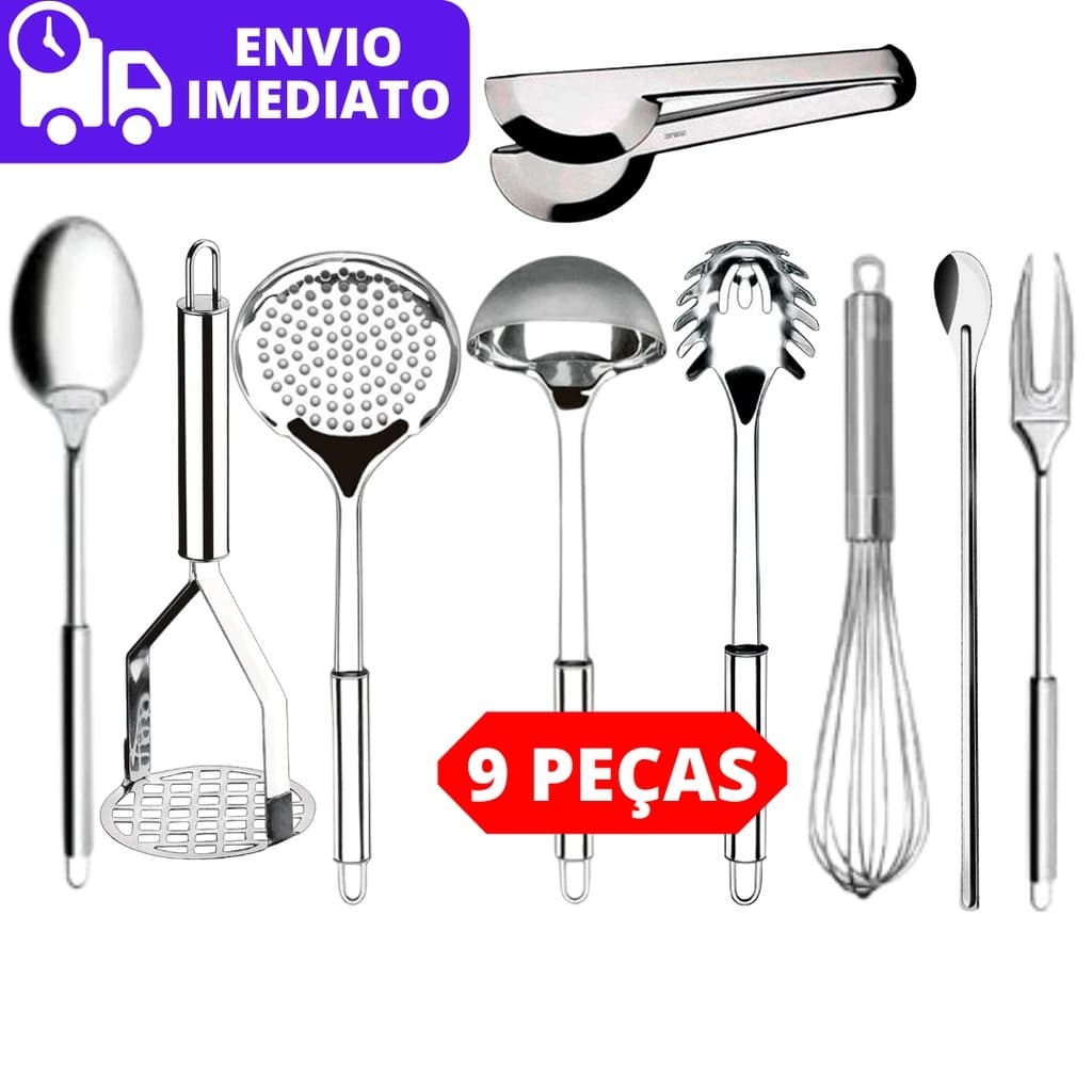 Kit 9 Peças Utensílios Pegadores Cozinha Concha Escumadeira Pegador Colher Garfo Fuet Pegador Colher e Amassador