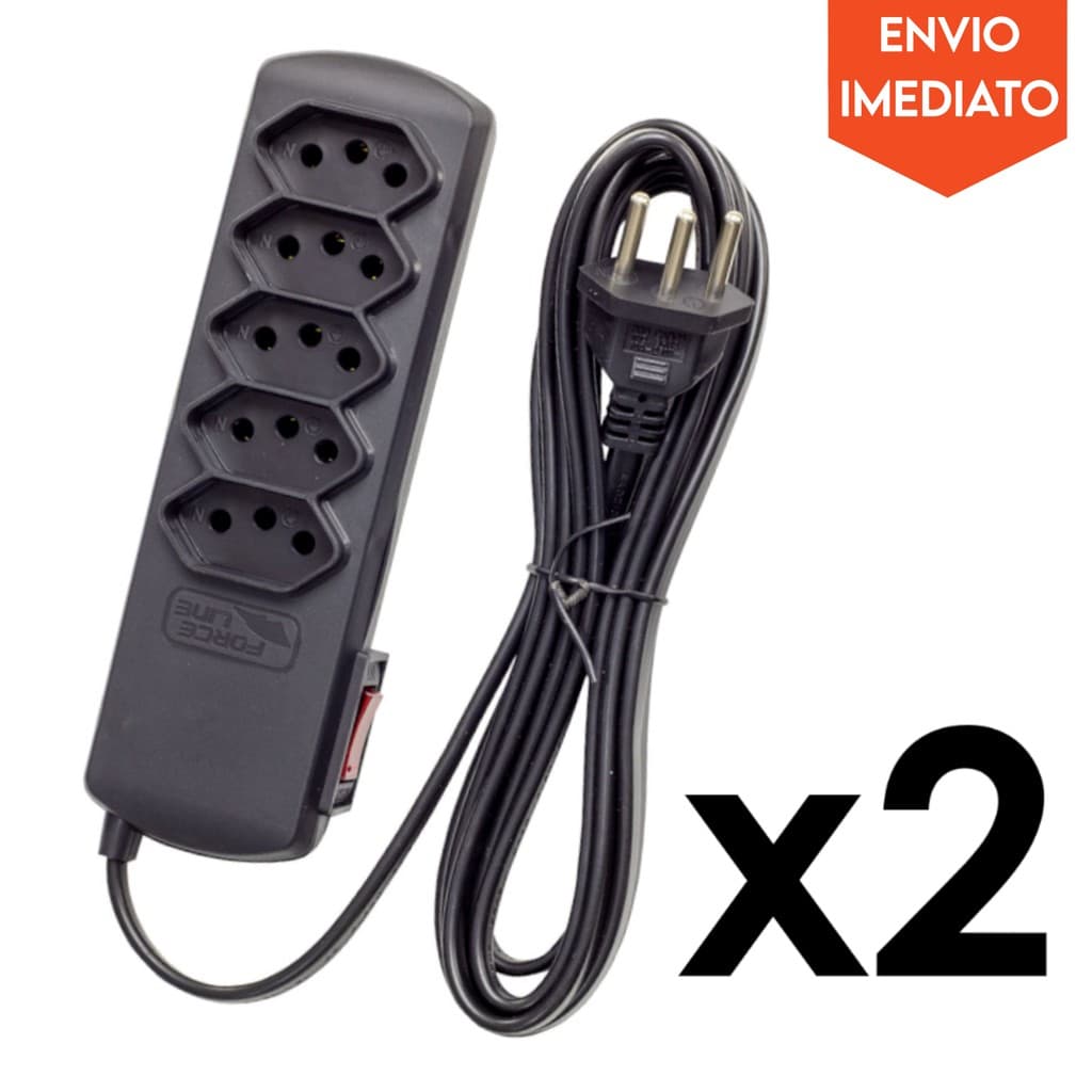 Kit 2 Réguas Filtro de Linha Extensão Elétrica 5 Tomadas 3m Slim Bivolt - Forceline 0060500124