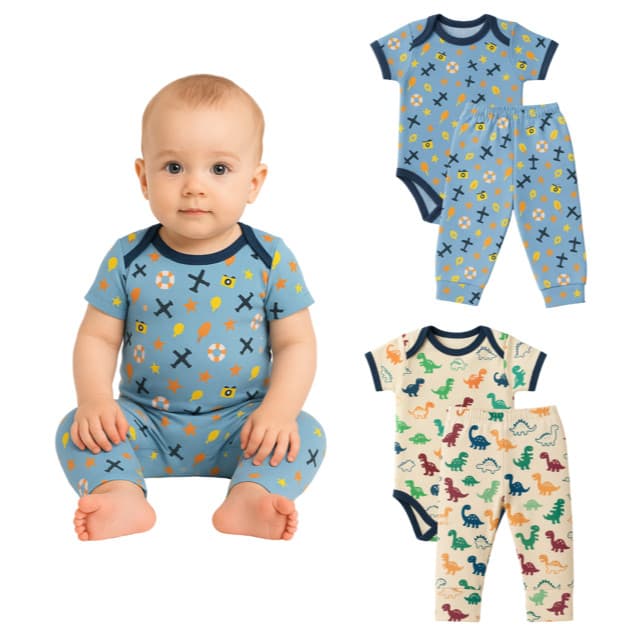 Kit 4 Peças Body Bebê Macia Manga Curta e Mijão vira pé Tecido Toque de Pêssego Cores Sortidas